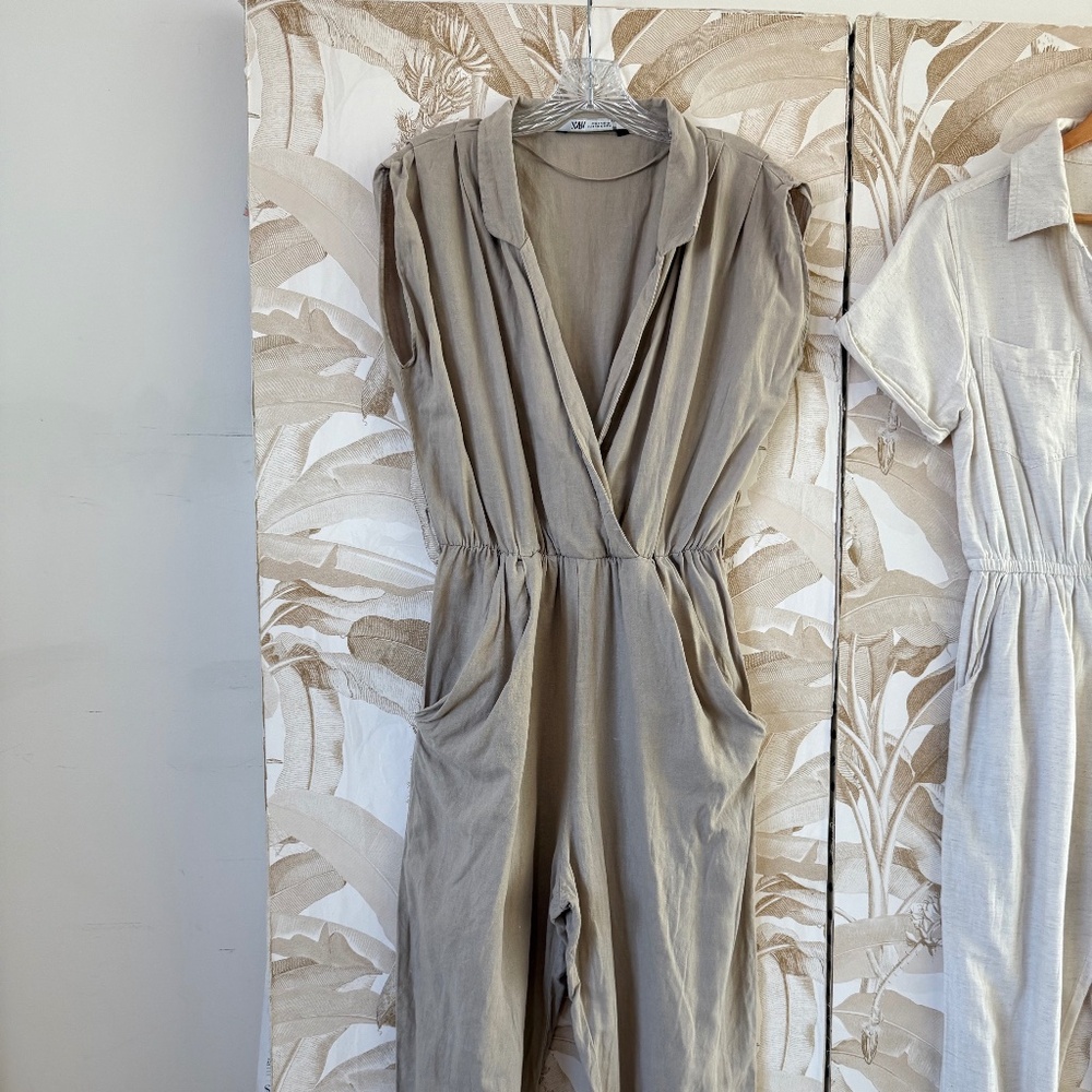 Beige Linen Blend Jumpsuit – Sleeveless Wrap Front Utility Romper - Picture 3 of 4